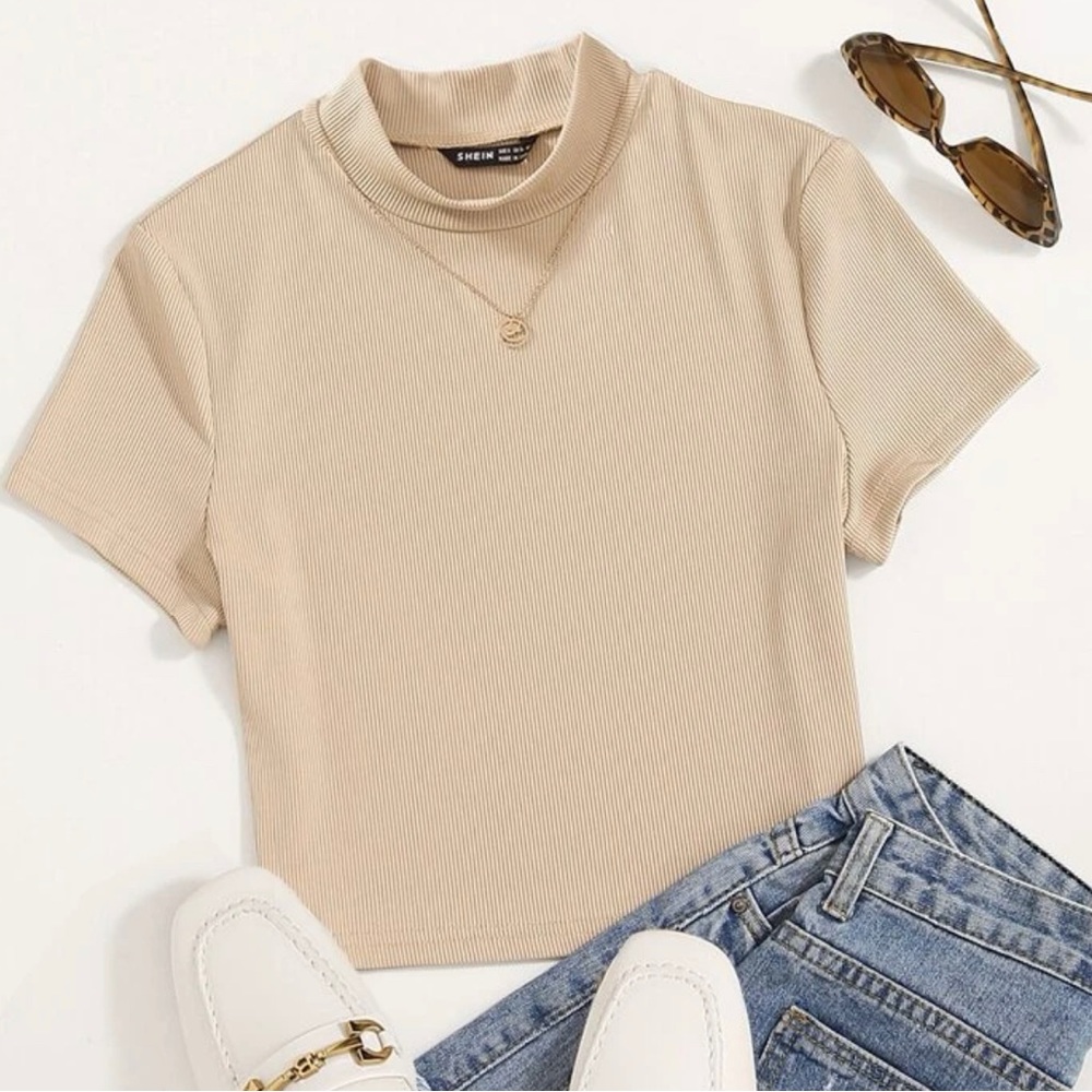SHEIN Tan Cropped Turtle Neck Ribbed Tee